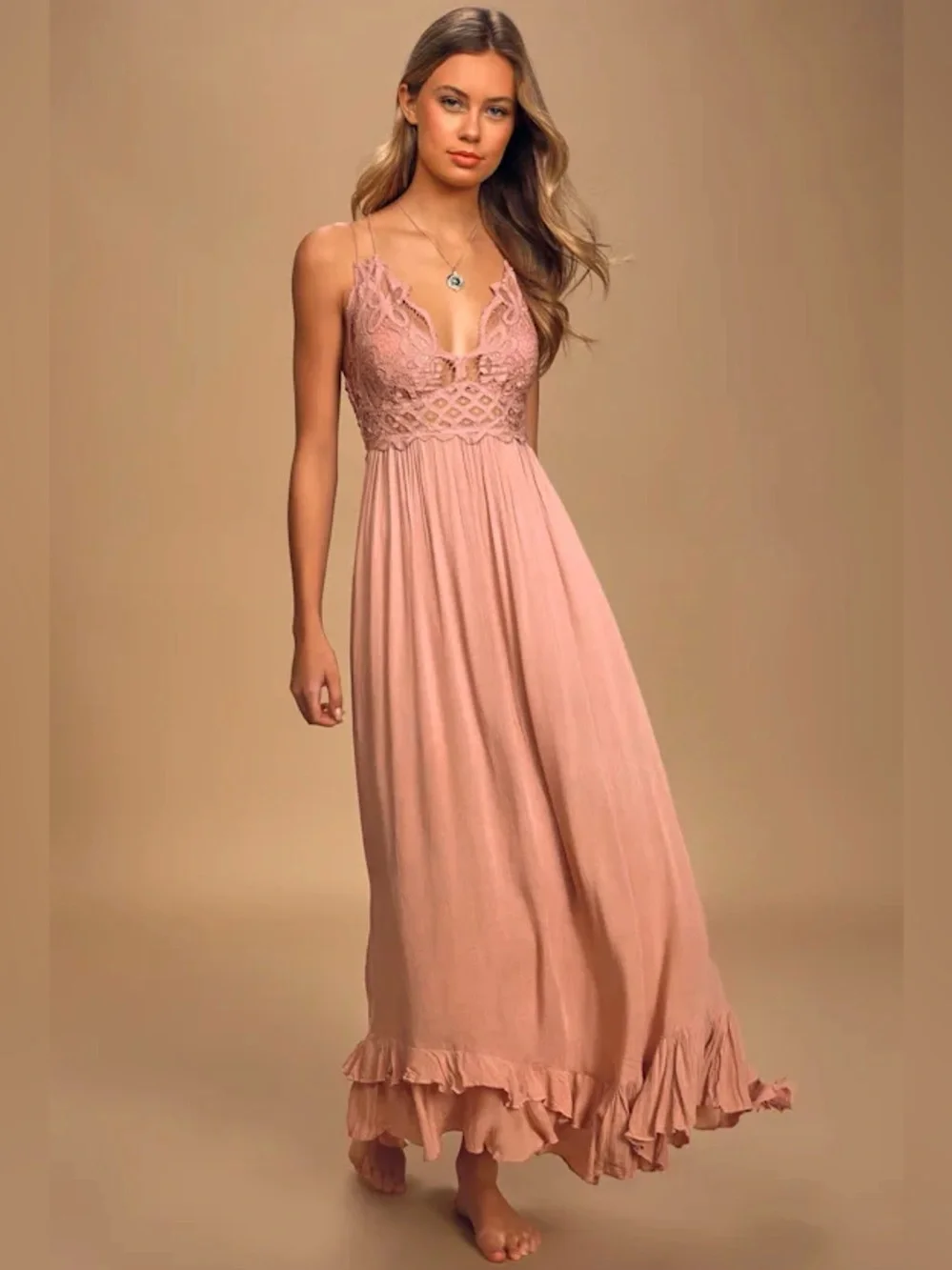 Free people Adella Maxi Slip Rose Pink Lace Dress size XS boho